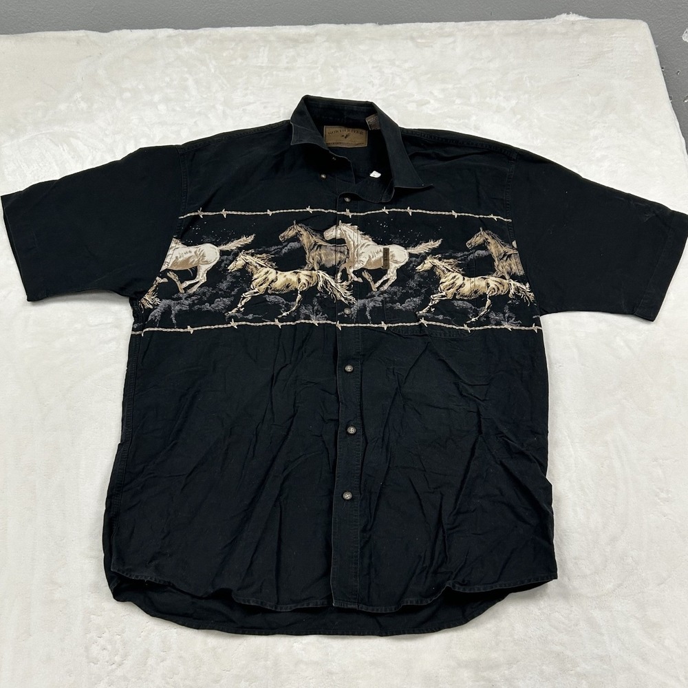 North River Button Down Shirt Mens XL Black Running Horse Barbed Wire Graphic